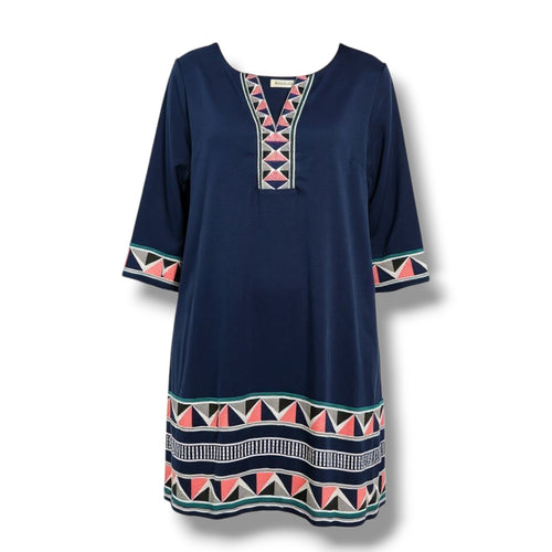 41 Hawthorn Women’s Navy Geometric Print 3/4 Sleeve Shift Dress – Size Medium