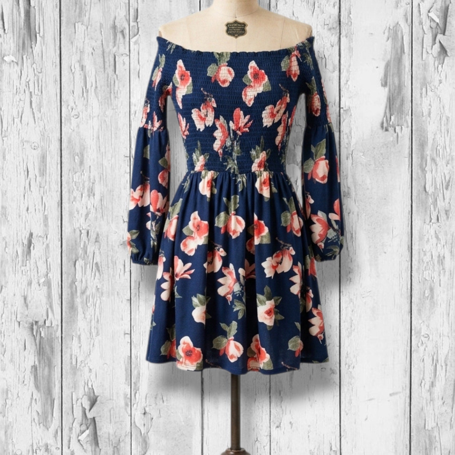 J for Just! Women's Navy Coral Floral Smocked Long Bishop Sleeve Mini Dress med