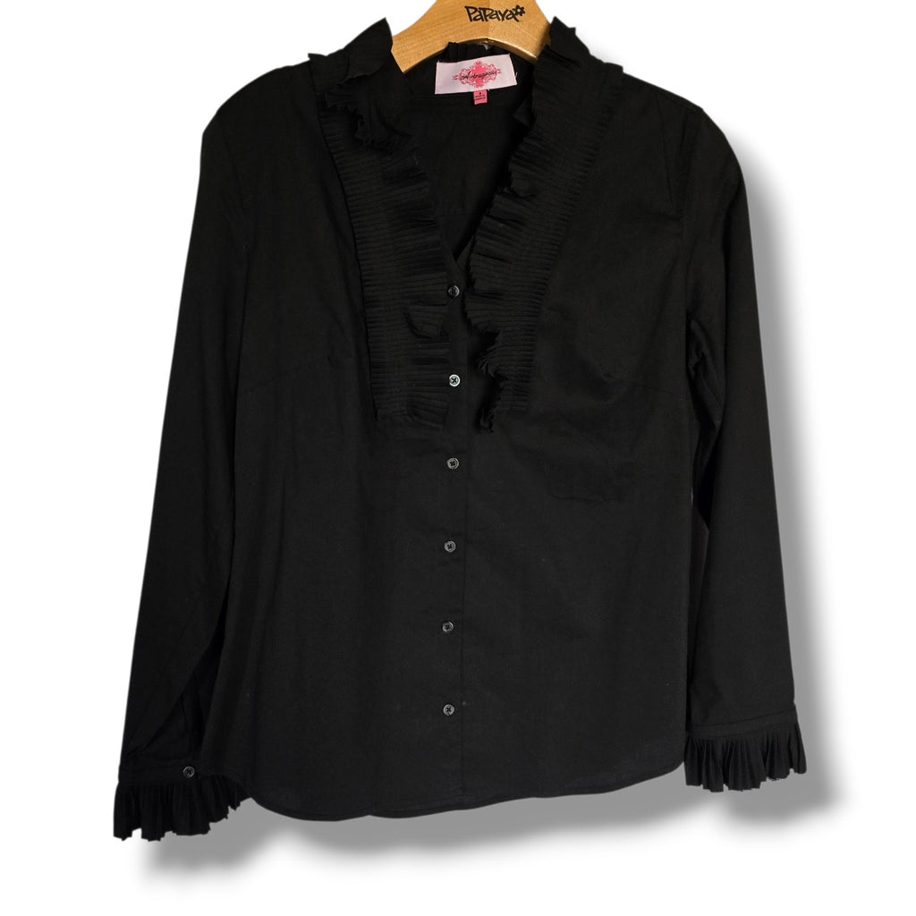 Artrageous women's Black Pleated Ruffle Trim Button-Down Blouse – Small