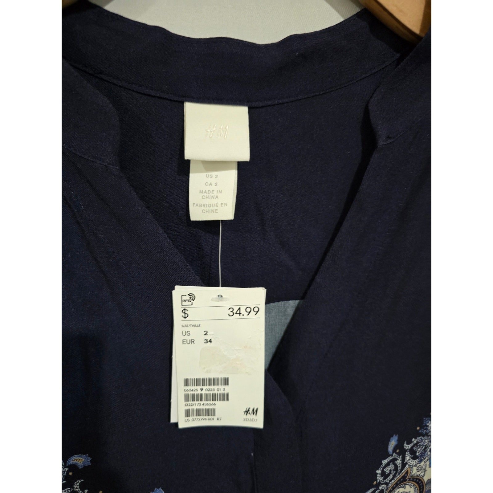 NWT H&M Blue Paisley Button Down Midi Dress Size 2 Short Sleeve Viscose