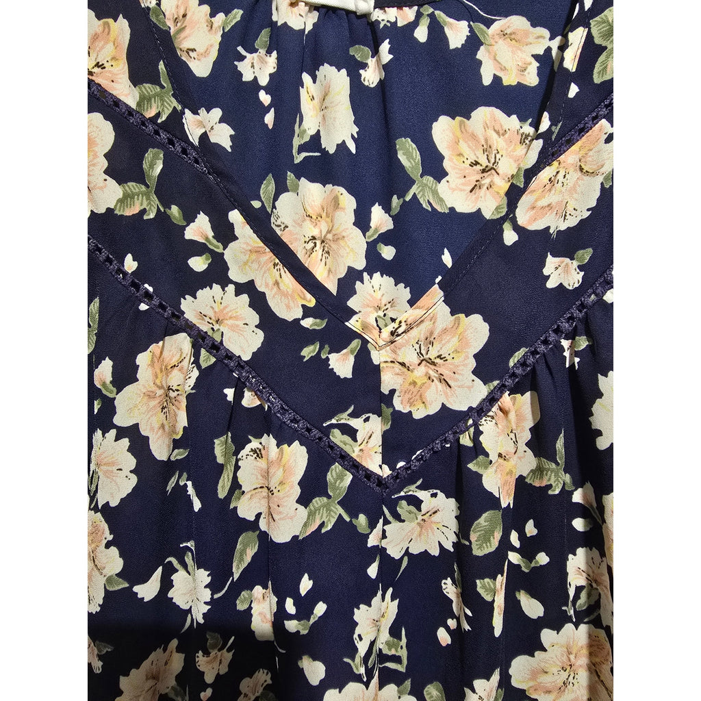 Sienna Sky Women's Size Small Navy Blue Peach Floral Crochet Trim V-Neck Blouse