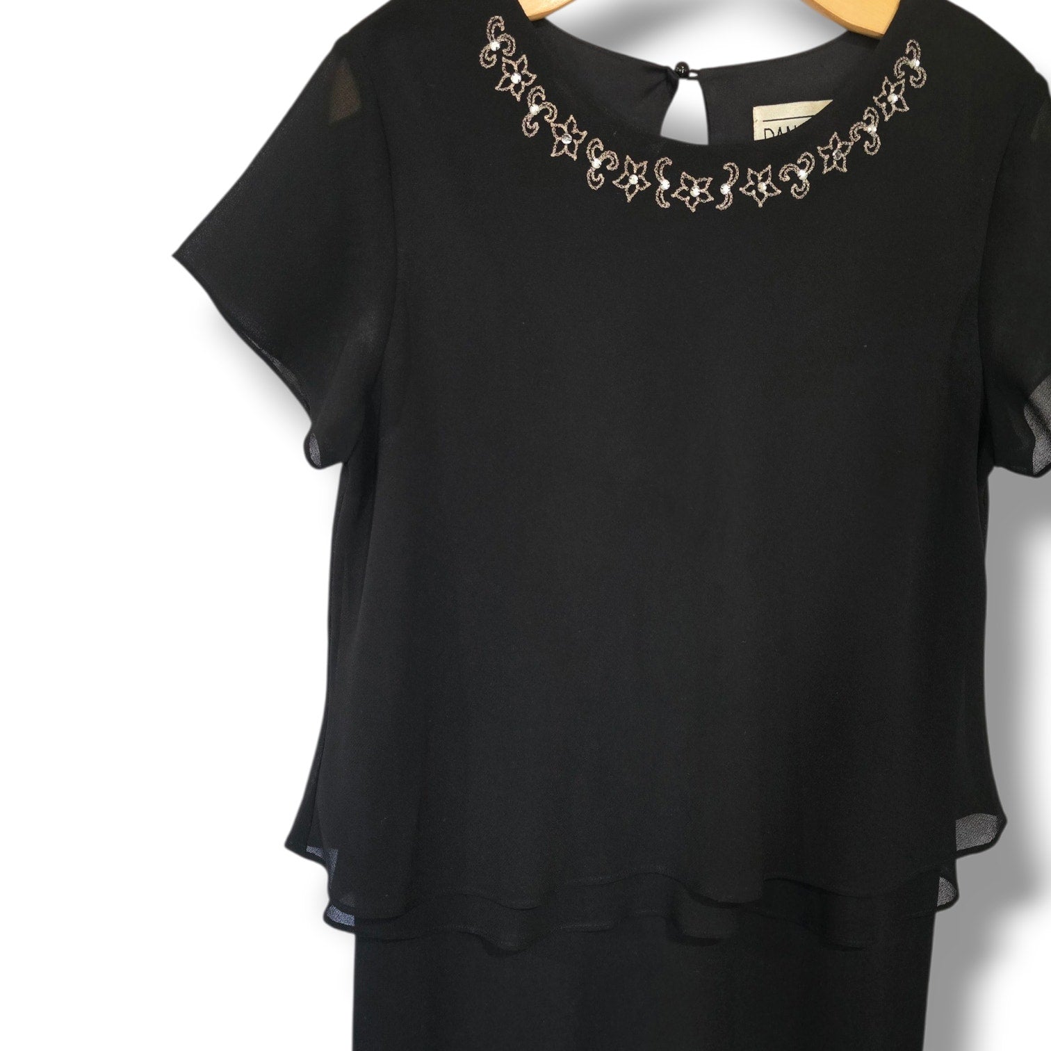 Dani Max Vintage Black Chiffon Tiered Dress 14 Beaded Neck Midi Evening