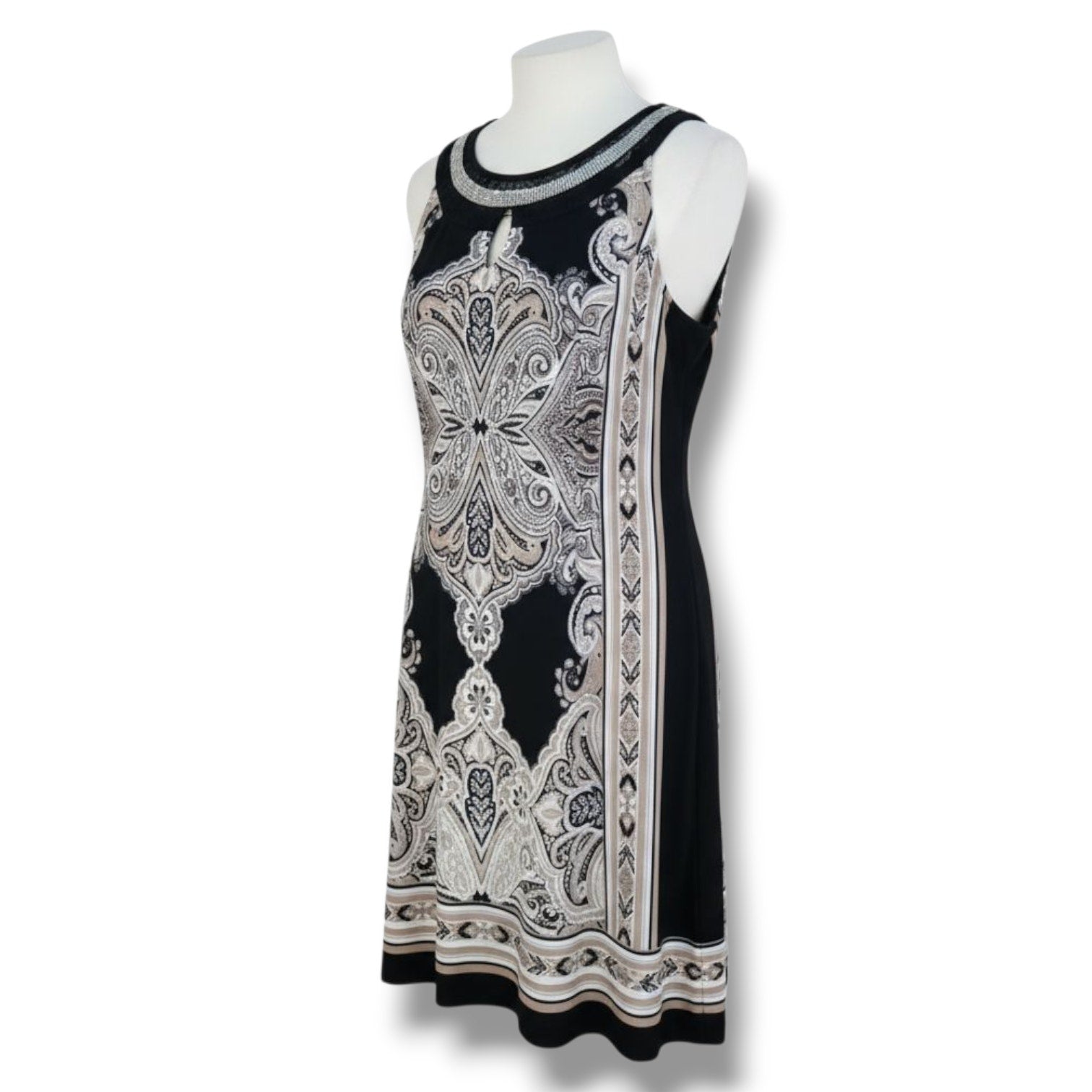 Sandra Darren Women’s Sleeveless Printed Jersey Necklace Dress Black Beige