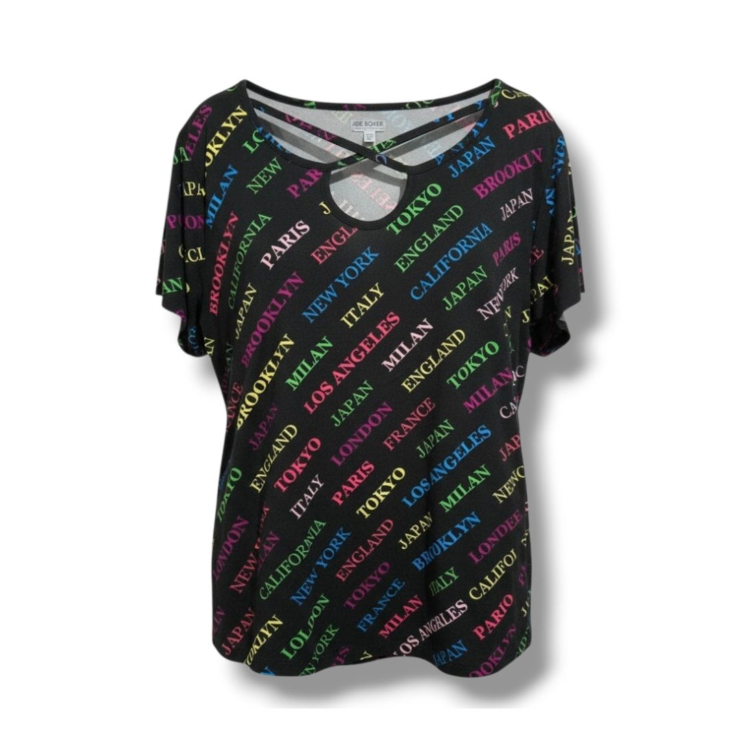 Joe Boxer Women’s plus size Multicolor City Print Crisscross Neck Top – Size 3X