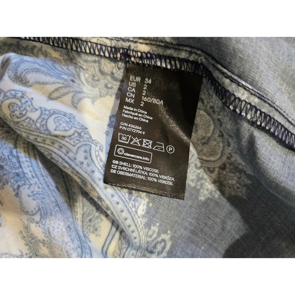 NWT H&M Blue Paisley Button Down Midi Dress Size 2 Short Sleeve Viscose
