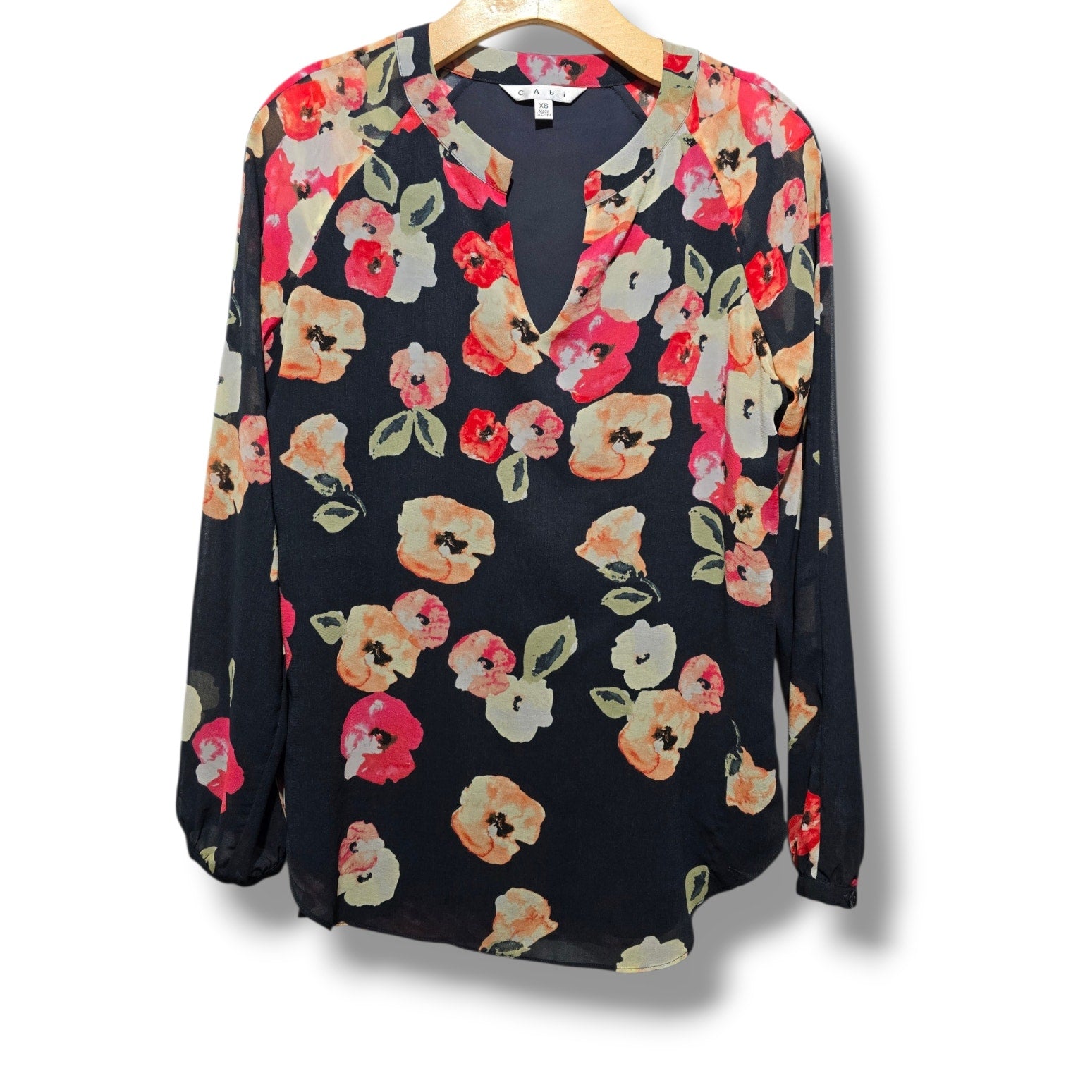 Cabi women's Floral V-Neck Long Sleeve Lined Blouse Black Size XS