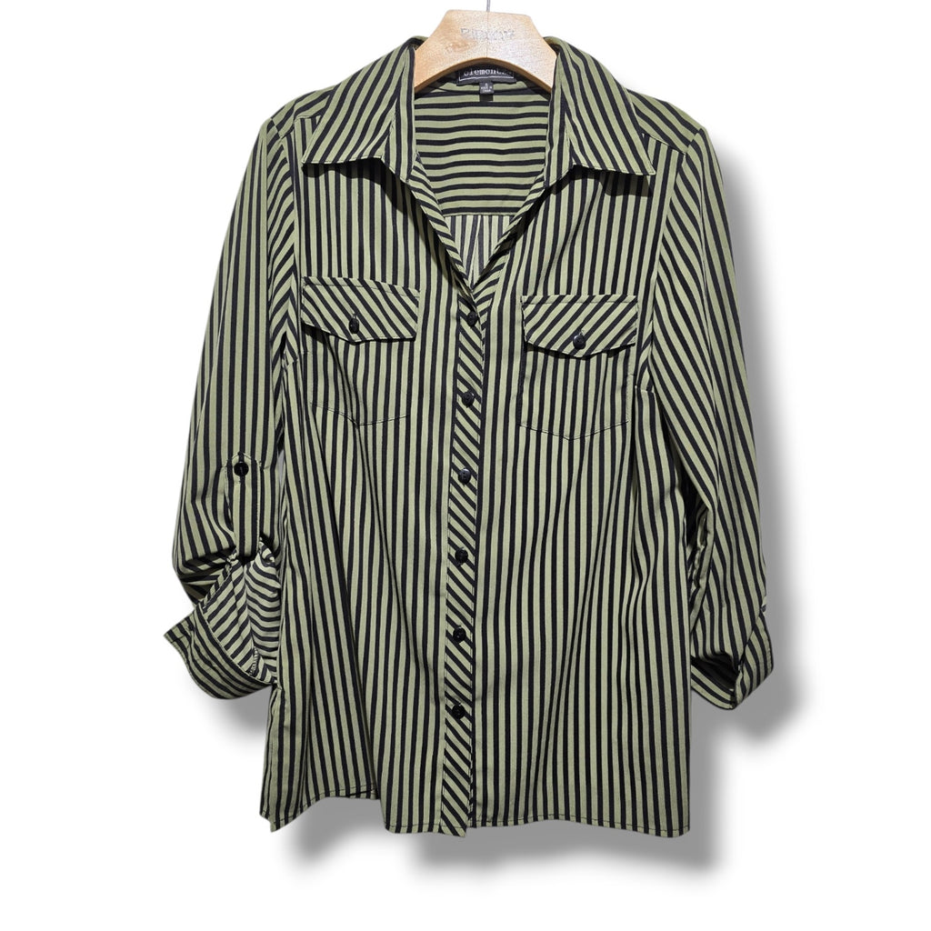 Elementz women's Green & Black Vertical Striped Button Down Blouse Size Small