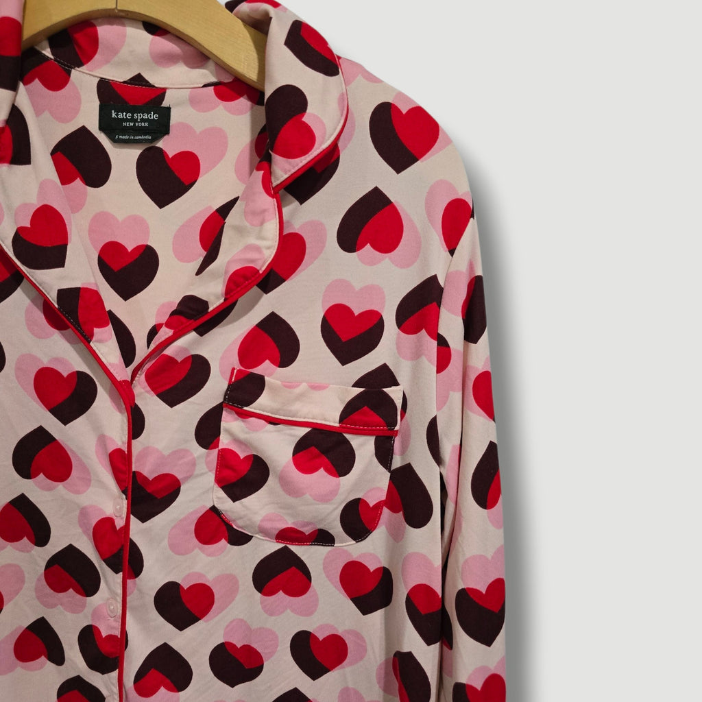 Kate Spade New York Women’s Pink Hearts Sleepwear Small Button Down Pajama Shirt