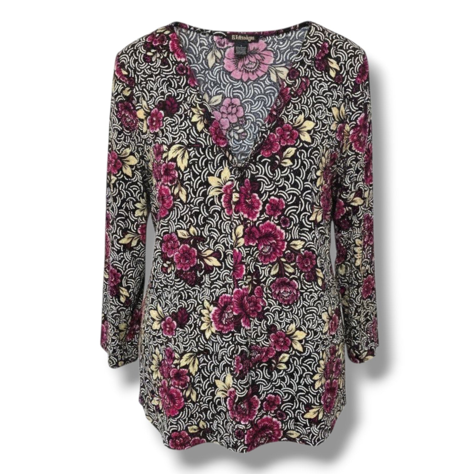 BYdesign Women’s Vintage Multicolor Floral Tie-Neck Long Sleeve Blouse – Large