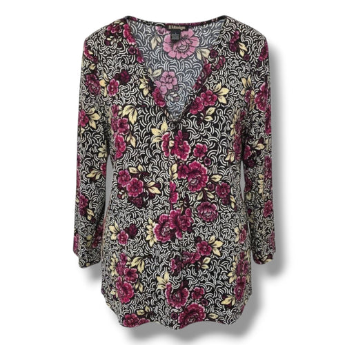 BYdesign Women’s Vintage Multicolor Floral Tie-Neck Long Sleeve Blouse – Large