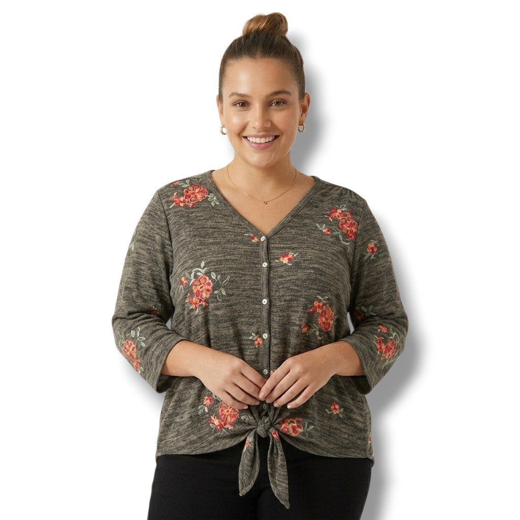 Fig & Flower women's Olive Heather Floral Embroidered Tie-Front top