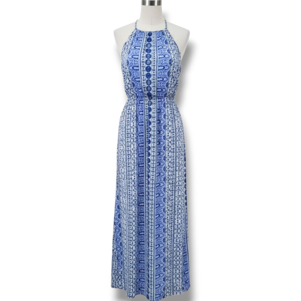 Japna Women’s Blue Multi-Print Sleeveless Maxi Dress with Keyhole Neckline – XS