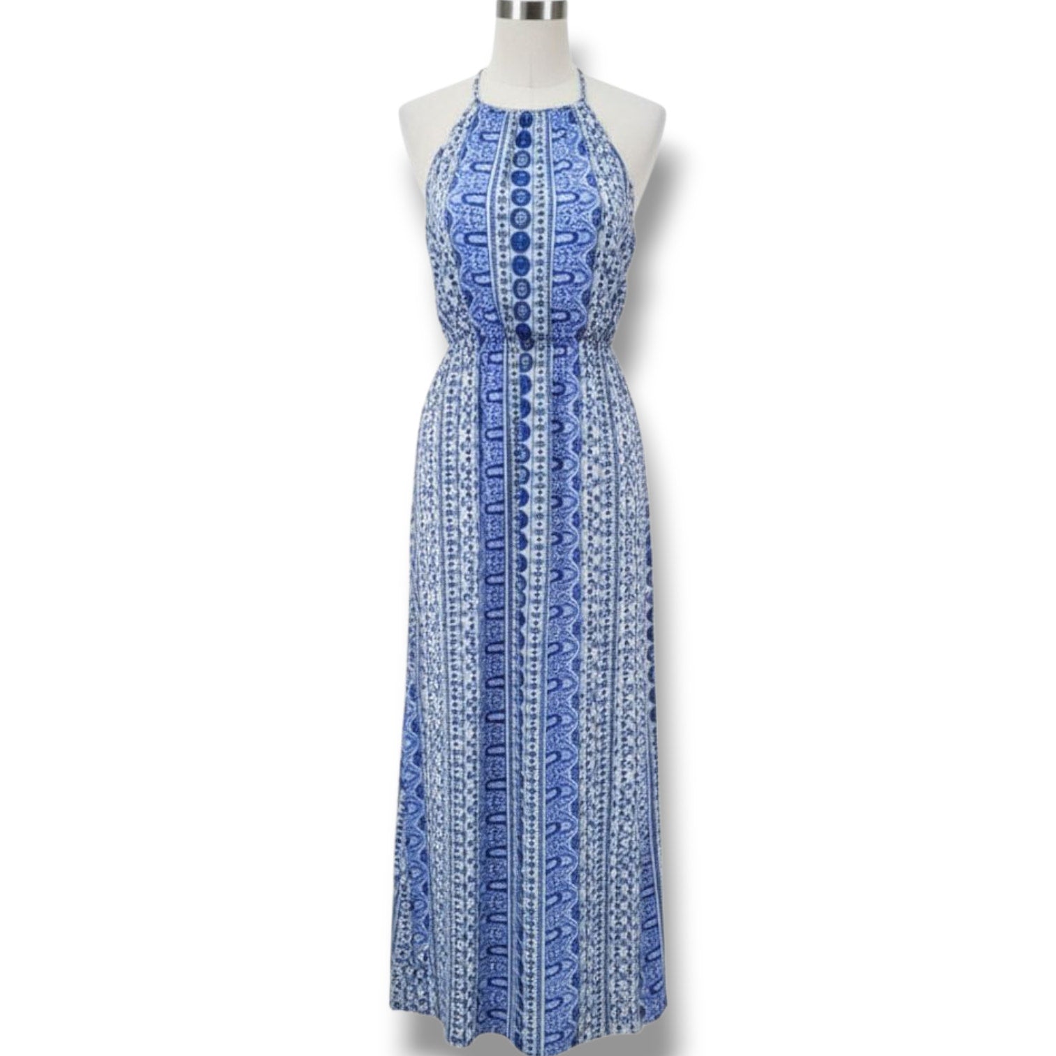 Japna Women’s Blue Multi-Print Sleeveless Maxi Dress with Keyhole Neckline – XS
