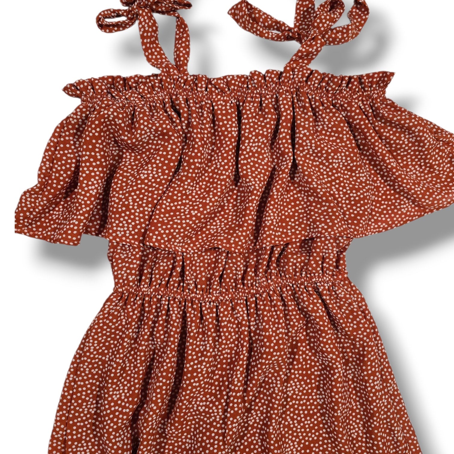 Daytrip Women’s Rust Polka Dot Off-Shoulder Ruffle Mini Dress – Size Small