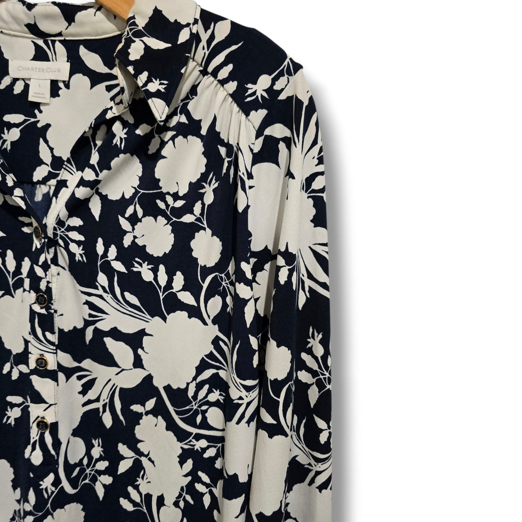 Charter Club Women’s Floral Print Blouse Midnight Blue White Button Front Top L
