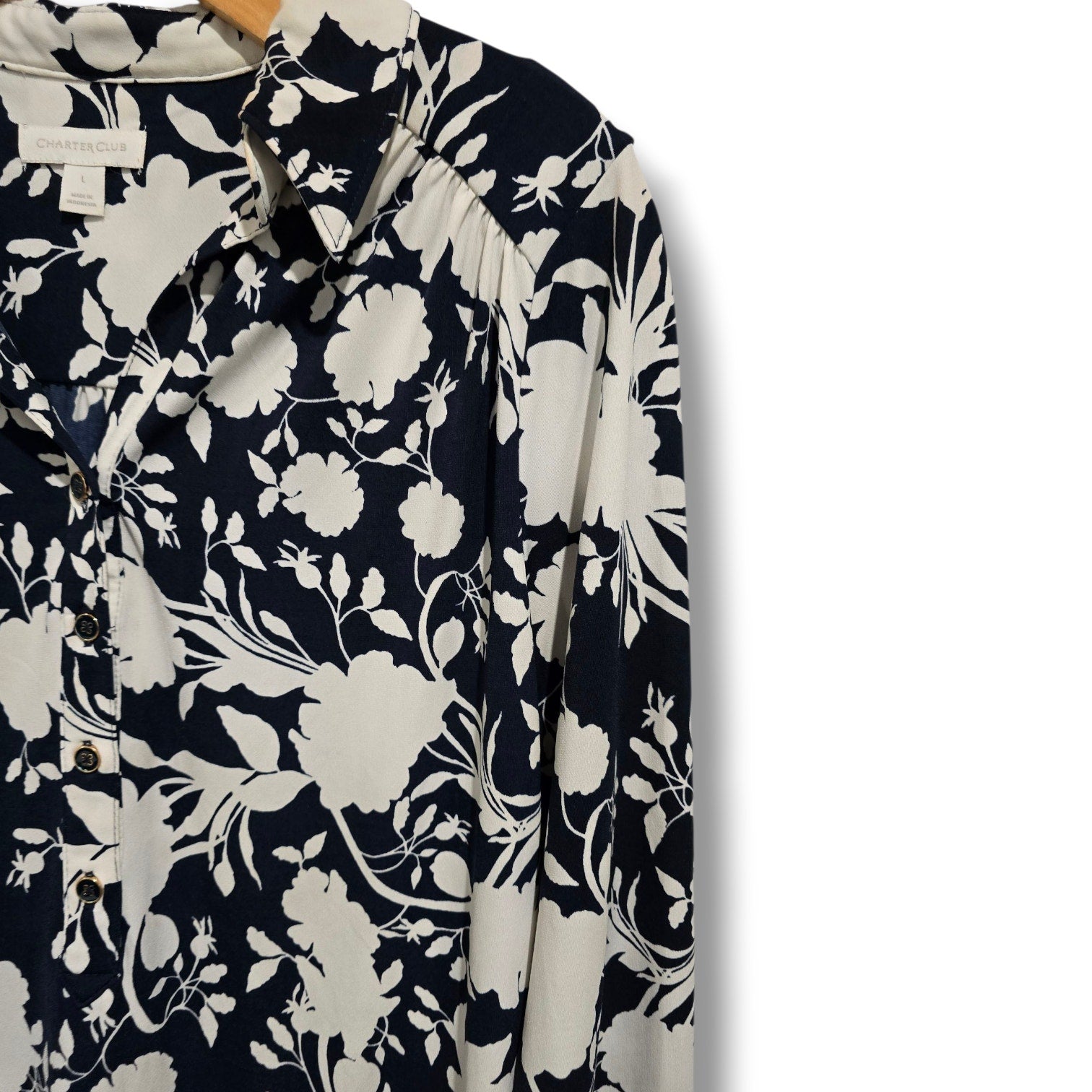 Charter Club Women’s Floral Print Blouse Midnight Blue White Button Front Top L