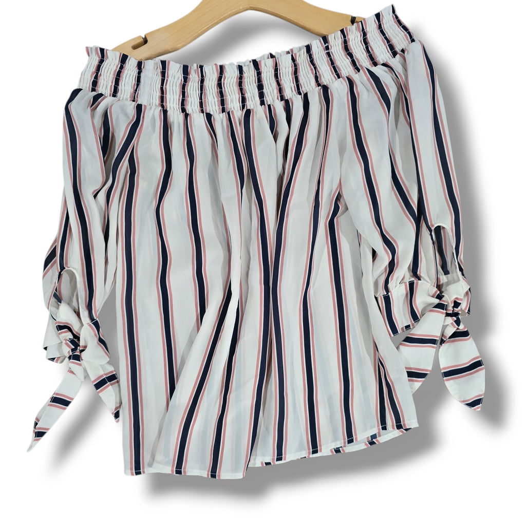 E&M Vertical Striped Off the Shoulder Tie Sleeve Blouse