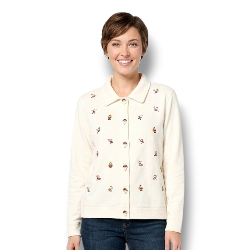 Onque Casuals XL Button-Down Santa Embroidered Christmas Sweater Cotton Blend