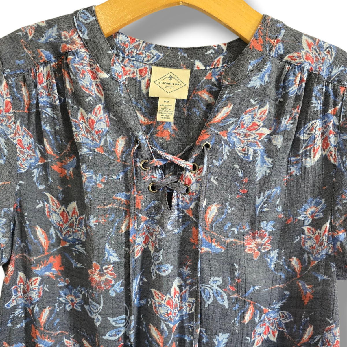 St. John’s Bay Petite Medium Floral Lace-Up Tassel Blouse Navy Rayon Blend