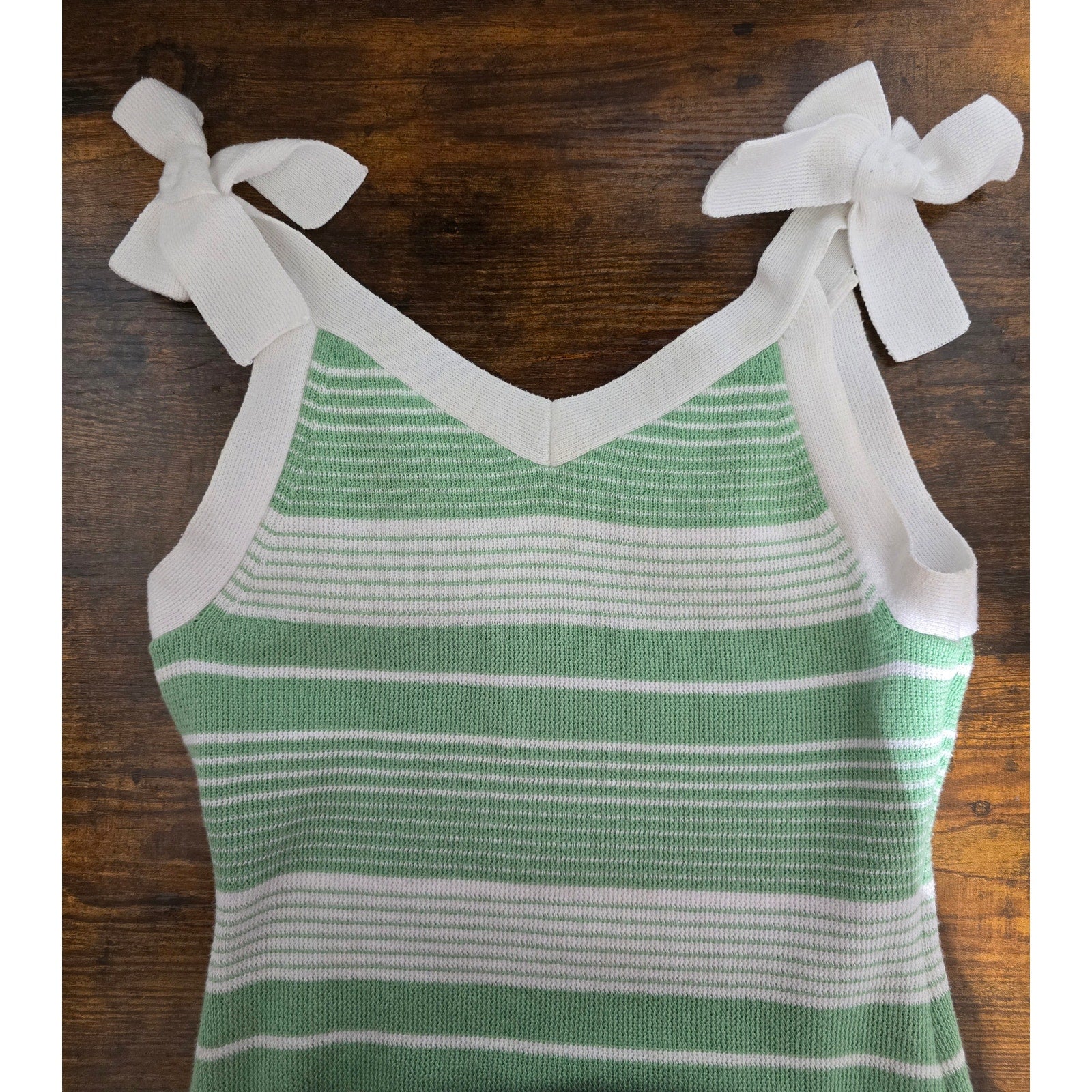 Truce Girls Size L (14) Green White Striped Tie Shoulder Knit Dress