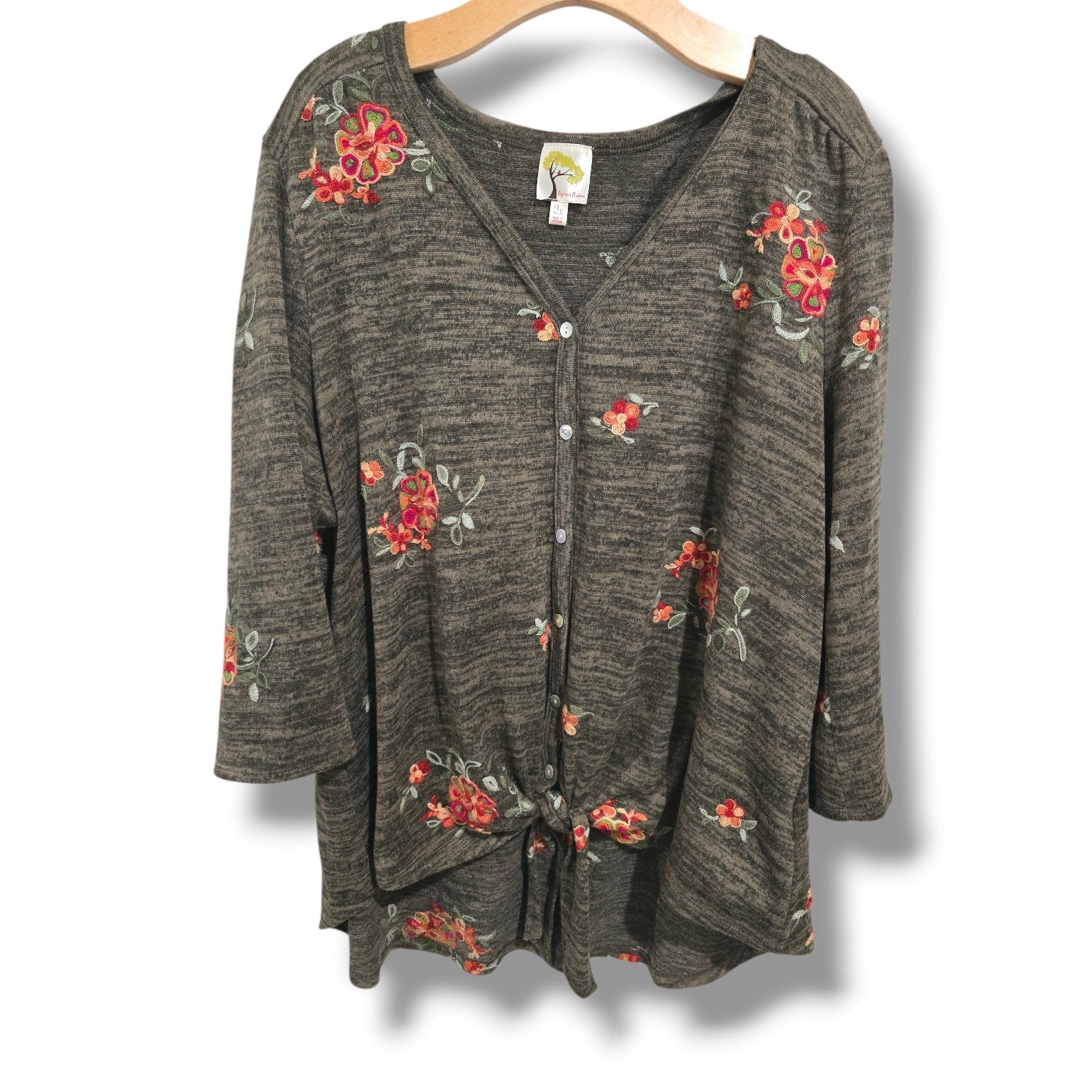 Fig & Flower women's Olive Heather Floral Embroidered Tie-Front top