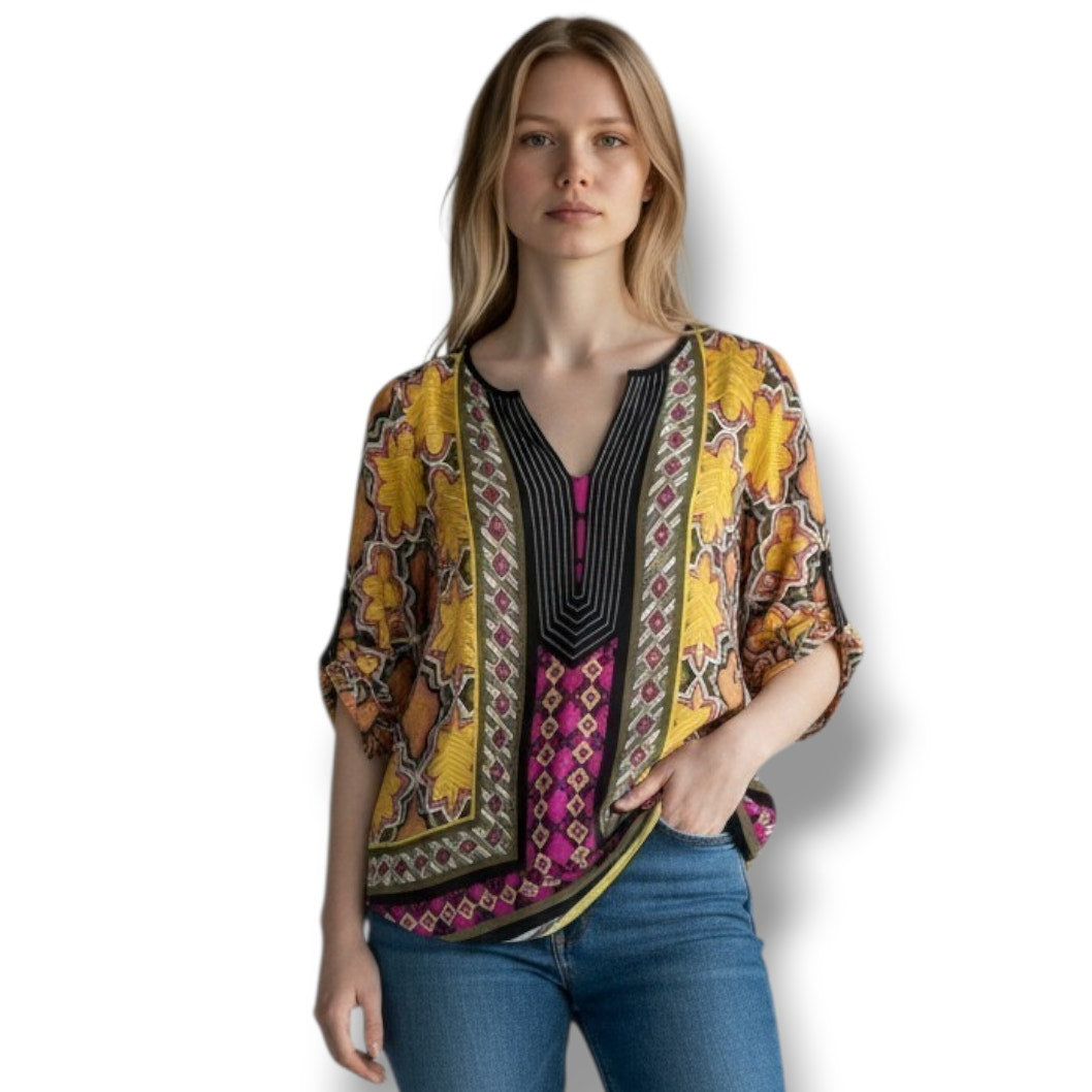 Dana Buchman Women’s Multicolor Batik Print Tunic Blouse Small | Boho Chic
