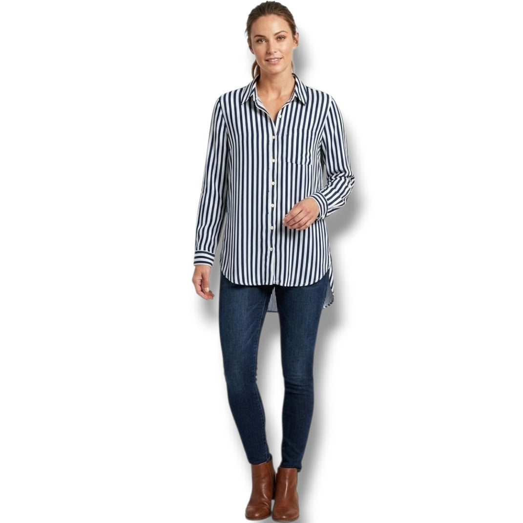 Jane & Delancey Women’s Blue White Vertical Stripe Button-Down Shirt – Medium