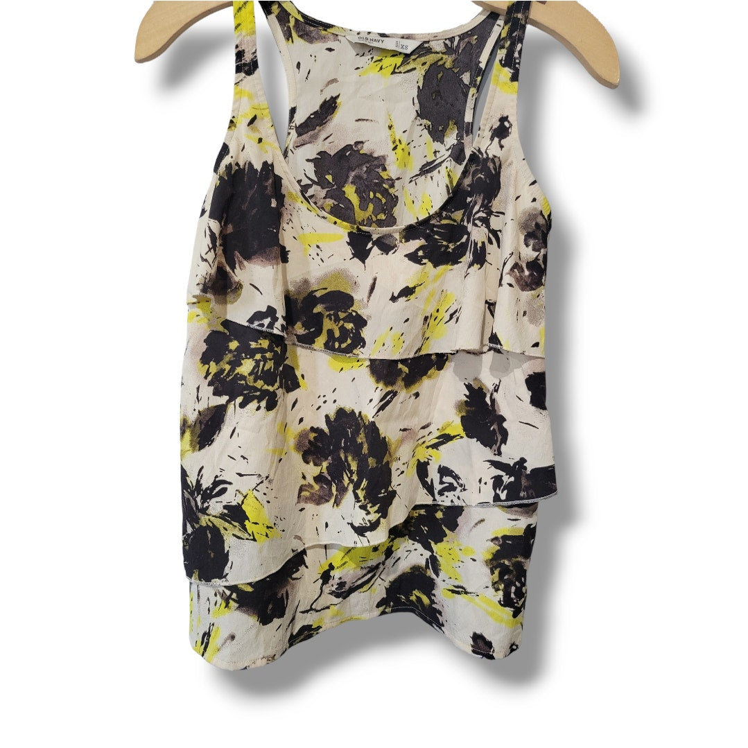 Old Navy Women’s Yellow Black Floral Layered Sleeveless Blouse – XS, Polyester