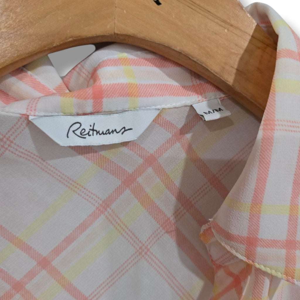 Reitmans Women's Multicolor Sleeveless Plaid Tie-Front Button Blouse Semi-Sheer