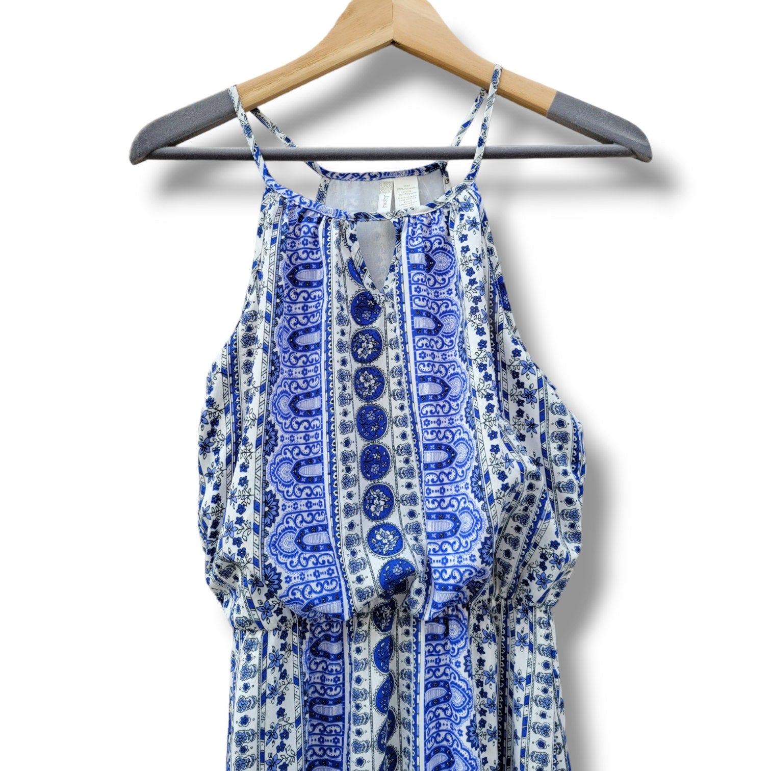 Japna Women’s Blue Multi-Print Sleeveless Maxi Dress with Keyhole Neckline – XS
