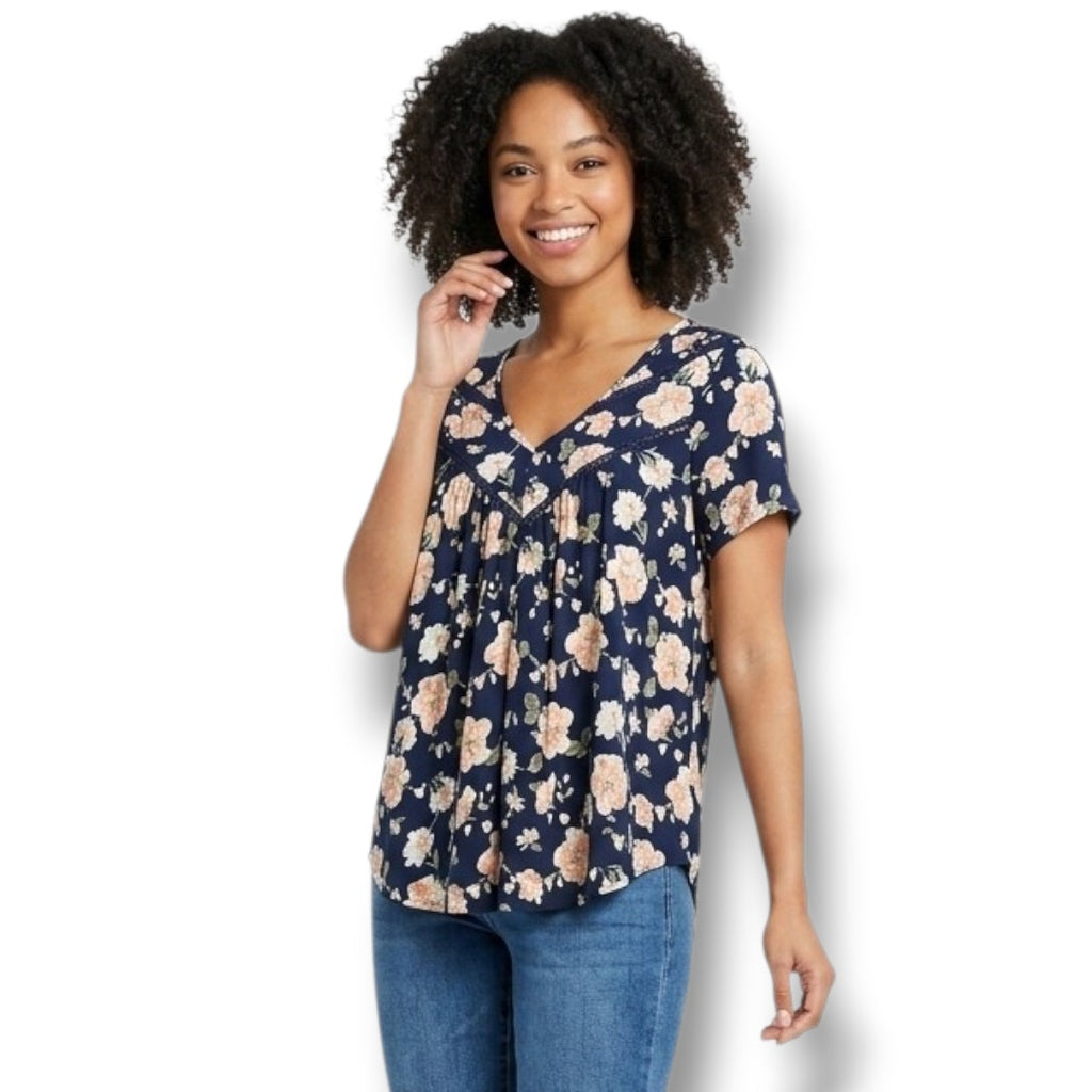 Sienna Sky Women's Size Small Navy Blue Peach Floral Crochet Trim V-Neck Blouse