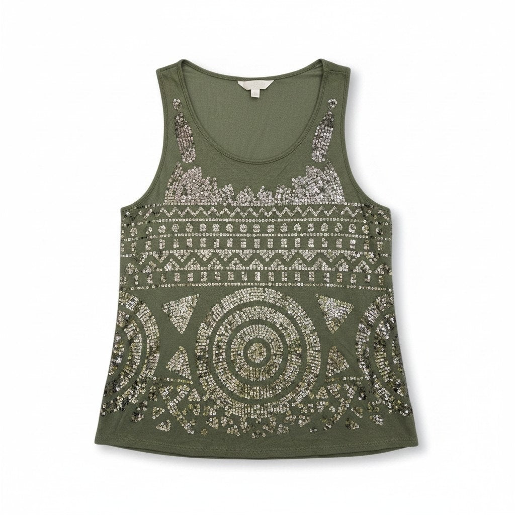 Charming Charlie Women's Olive Green Sequin Geometric Tank Top L Chiffon Back