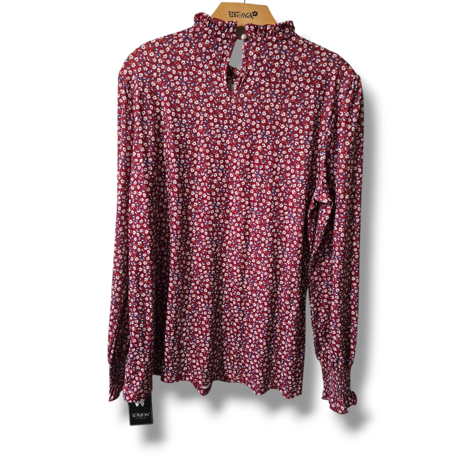 Lomon Women’s Burgundy Floral Long Sleeve Boho Blouse – Large