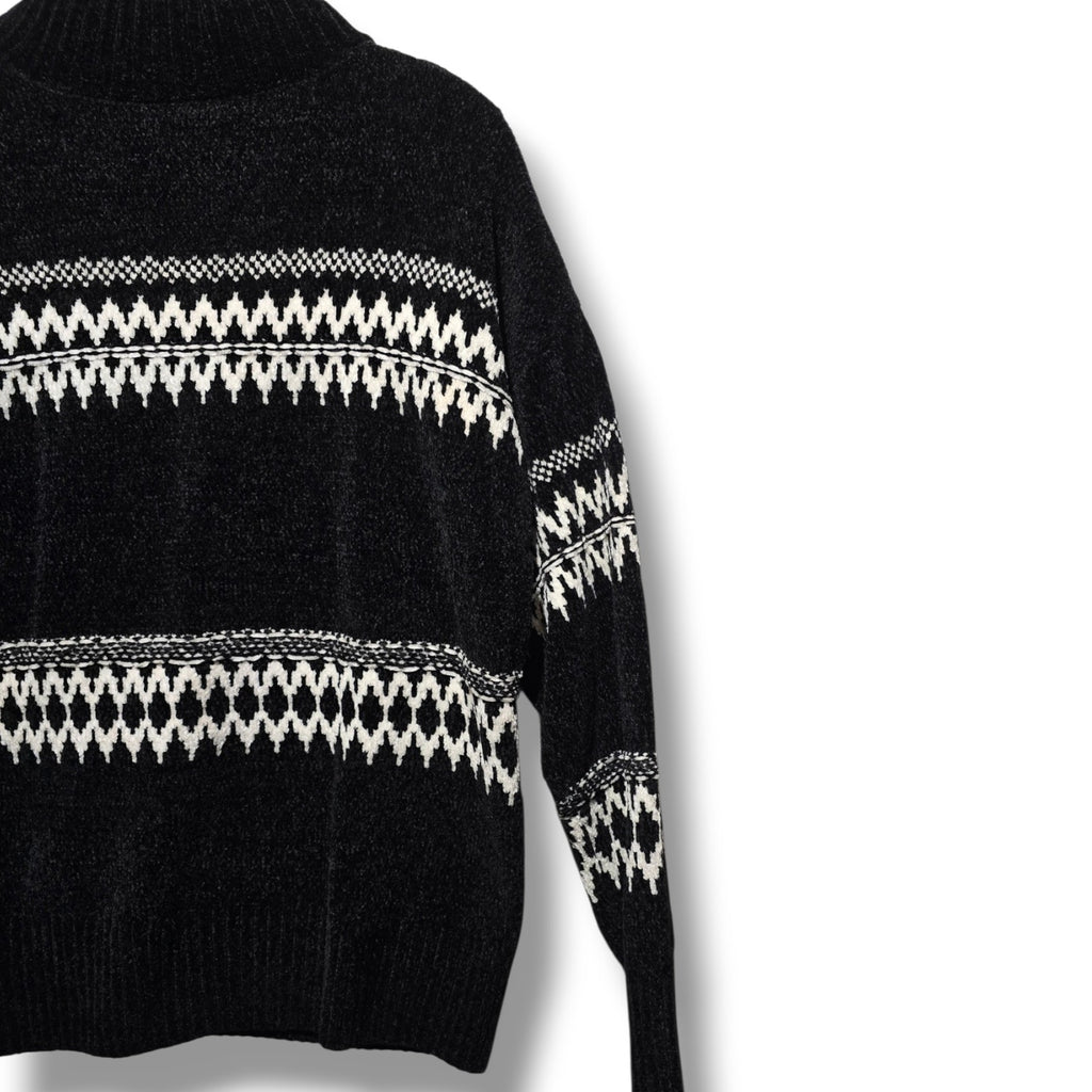 Christian Siriano New York Women's Black Chenille Fair Isle Mock Neck Sweater