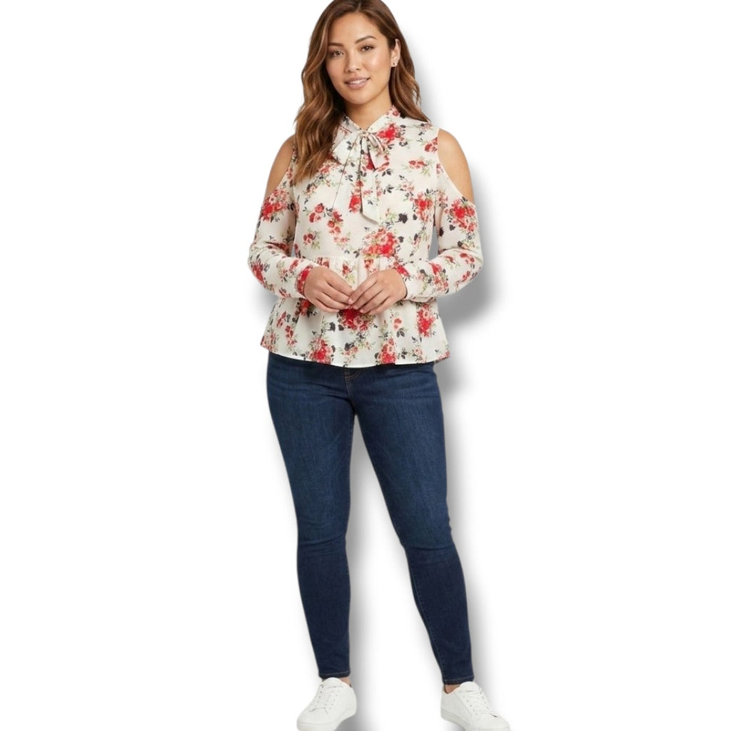 Ban Jara Women’s Floral Cold Shoulder Peplum Blouse – XS, Polyester, Gently Used