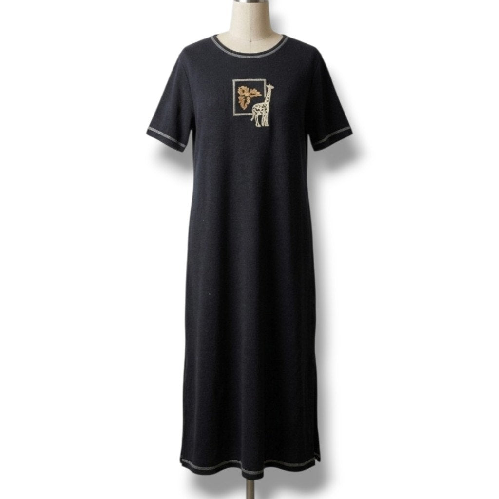 Key-Wear Women's XL Black Giraffe Embroidered Maxi T-Shirt Dress Short Sleeve