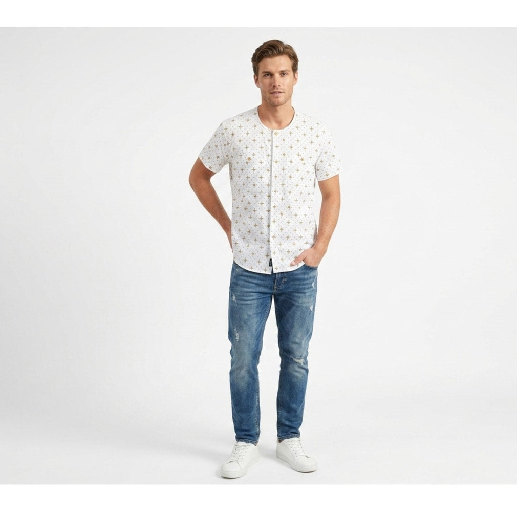 Lizwear Men's Short Sleeve Button-Down Gold Star Print small