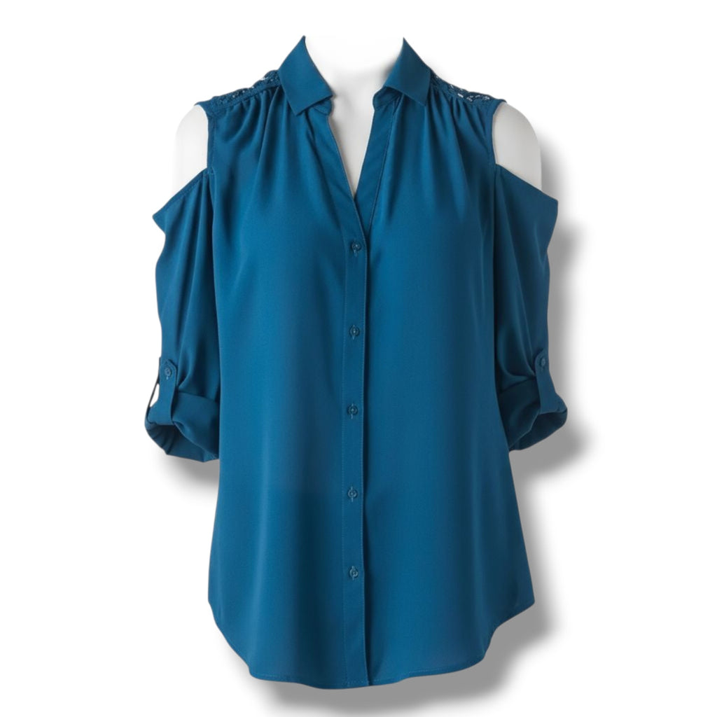 Candie's Size Medium Teal Blue Cold Shoulder Button Down Blouse Embellished