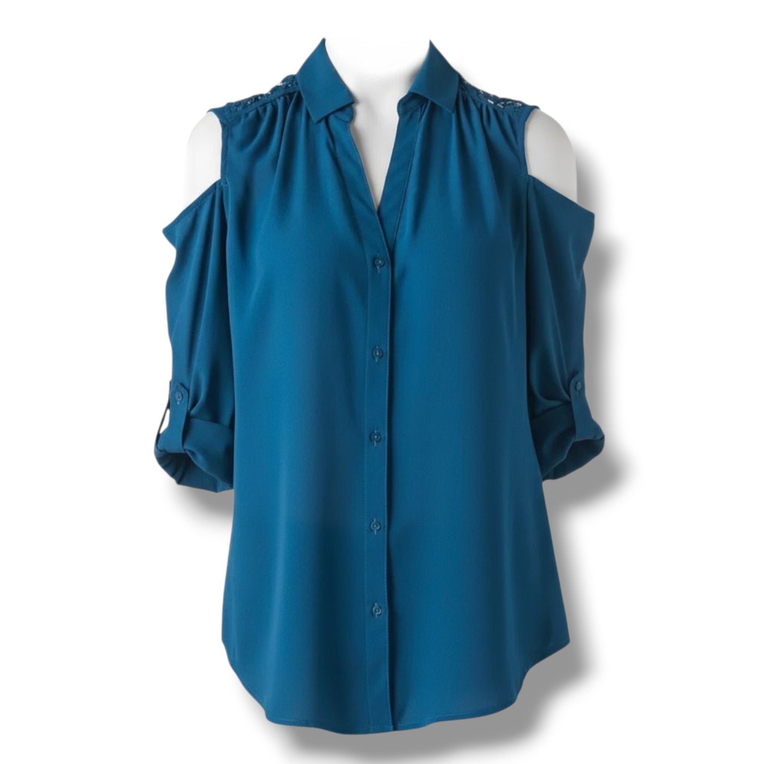 Candie's Size Medium Teal Blue Cold Shoulder Button Down Blouse Embellished