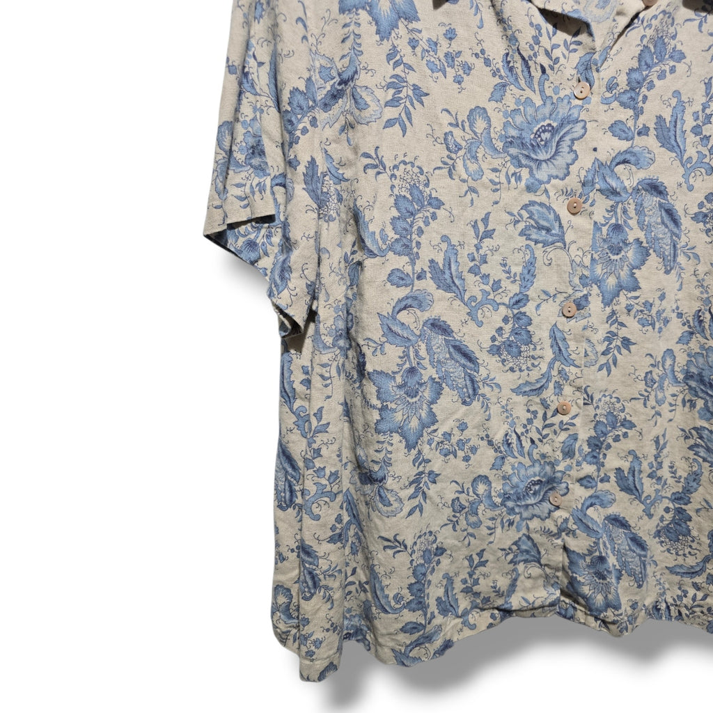 Charter Club Woman Size 16W Blue Beige Floral 100% Linen Button Down Shirt