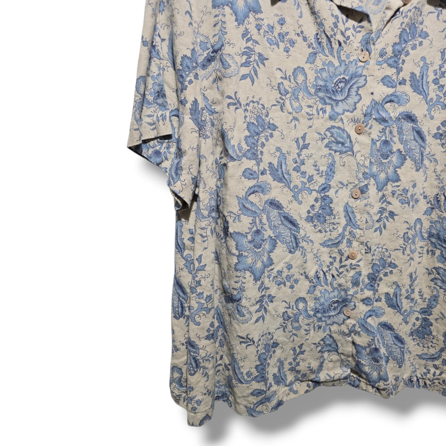Charter Club Woman Size 16W Blue Beige Floral 100% Linen Button Down Shirt