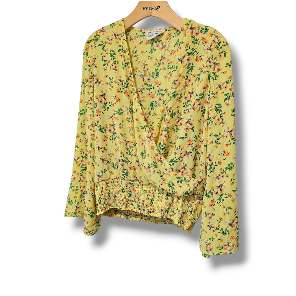 For the Republic Women’s Yellow Floral Long Sleeve Wrap Smocked small Blouse