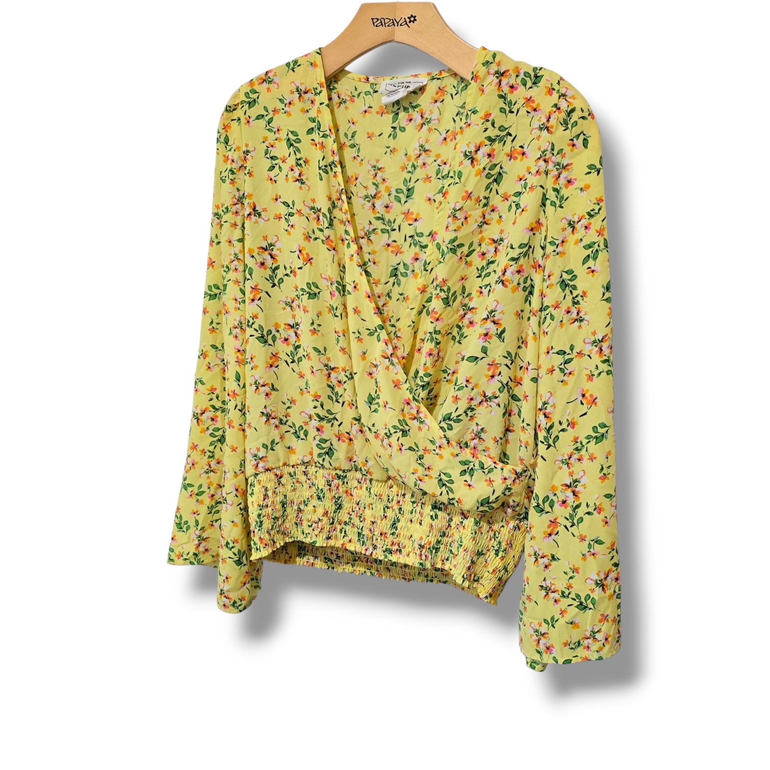 For the Republic Women’s Yellow Floral Long Sleeve Wrap Smocked small Blouse