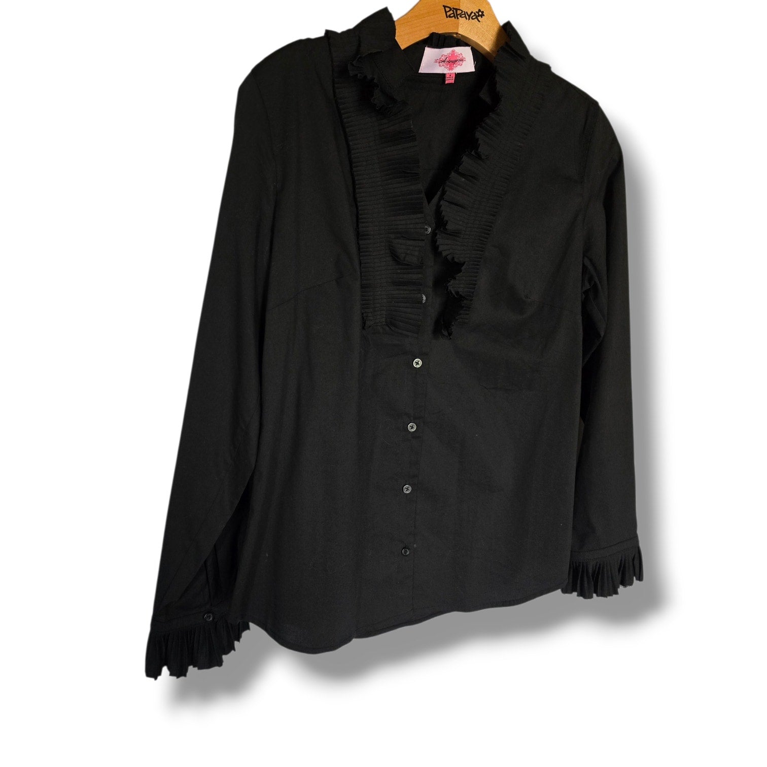 Artrageous women's Black Pleated Ruffle Trim Button-Down Blouse – Small