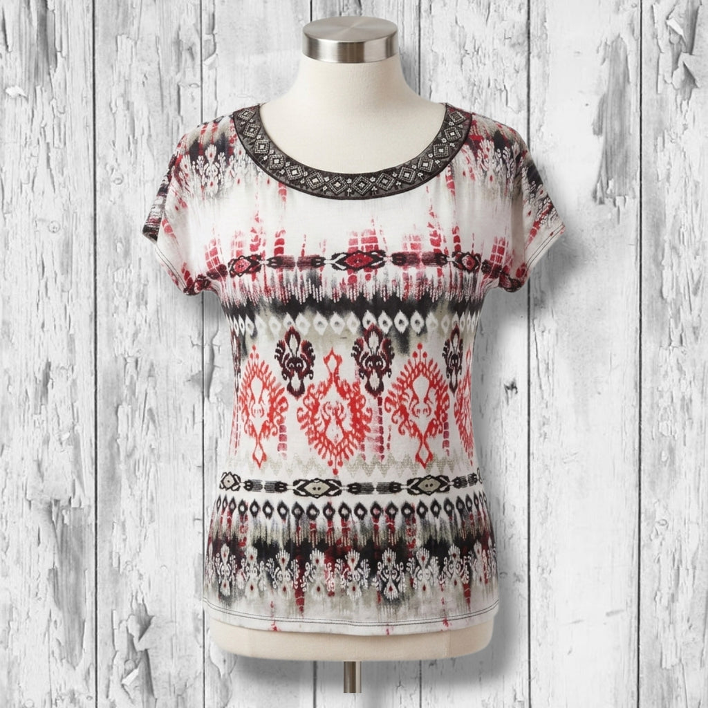 AB Studio Women's Size Medium Red Black Tribal Ikat Embellished Scoop Neck Top