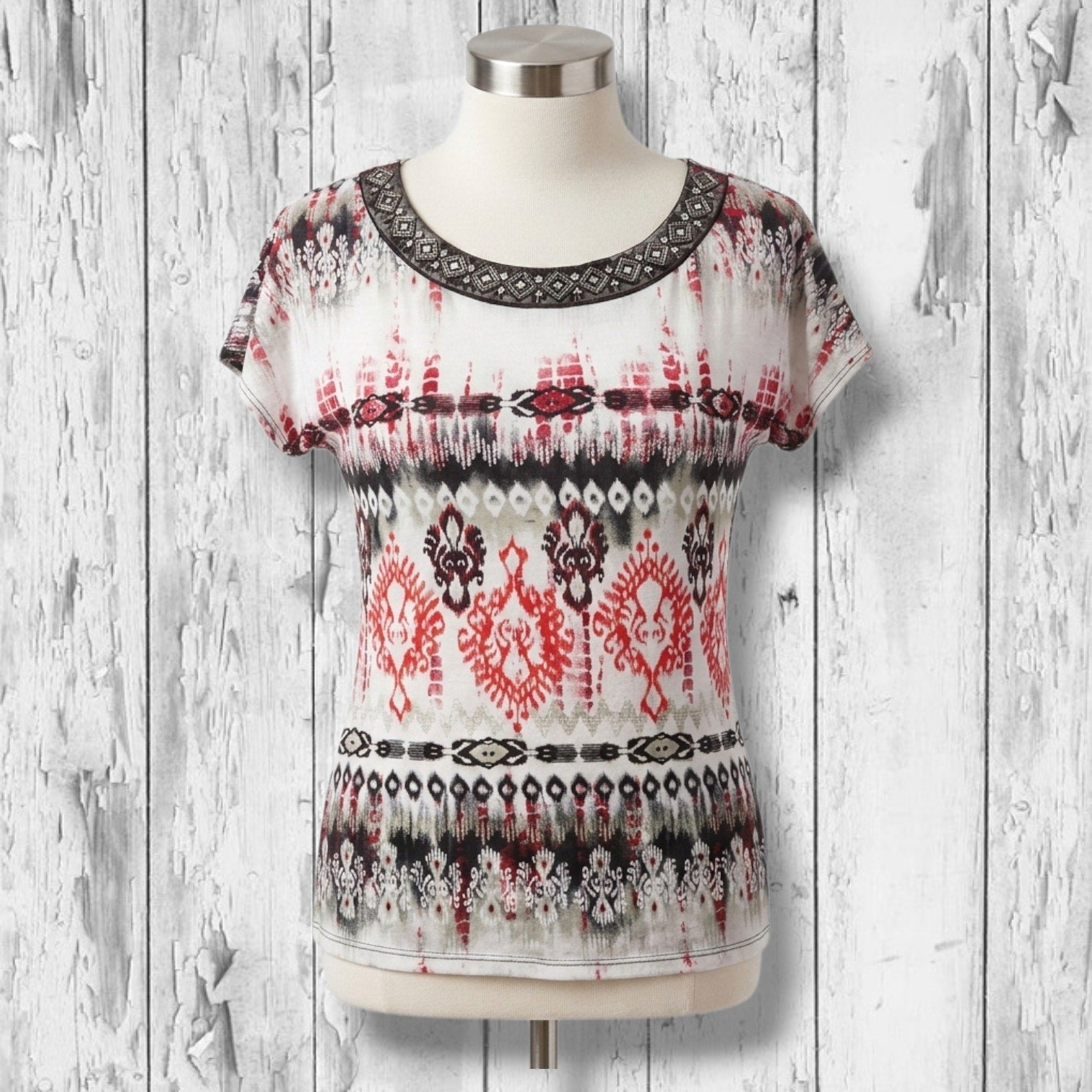 AB Studio Women's Size Medium Red Black Tribal Ikat Embellished Scoop Neck Top