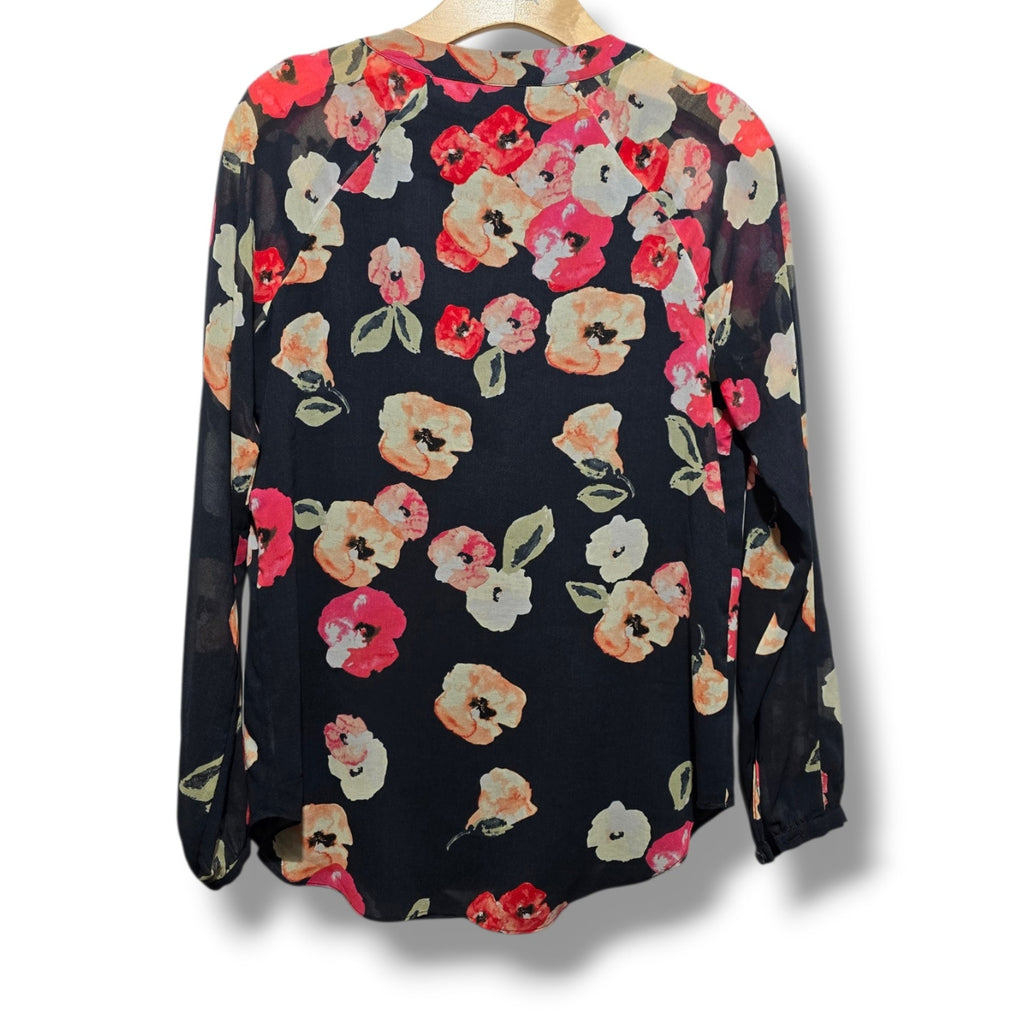 Cabi women's Floral V-Neck Long Sleeve Lined Blouse Black Size XS