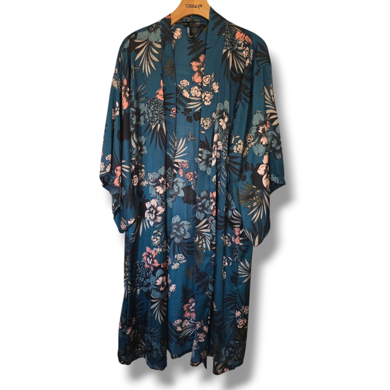 Midnight Bakery Teal Floral Satin Midi Robe Kimono – Medium/Large