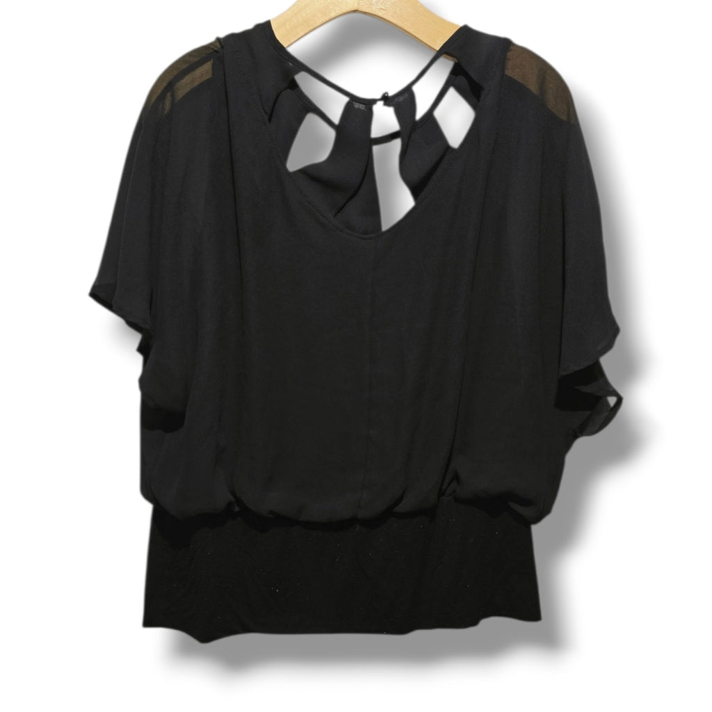 Joseph A. Women's Large Black Silk Blend Cage Neck Short Sleeve Blouse