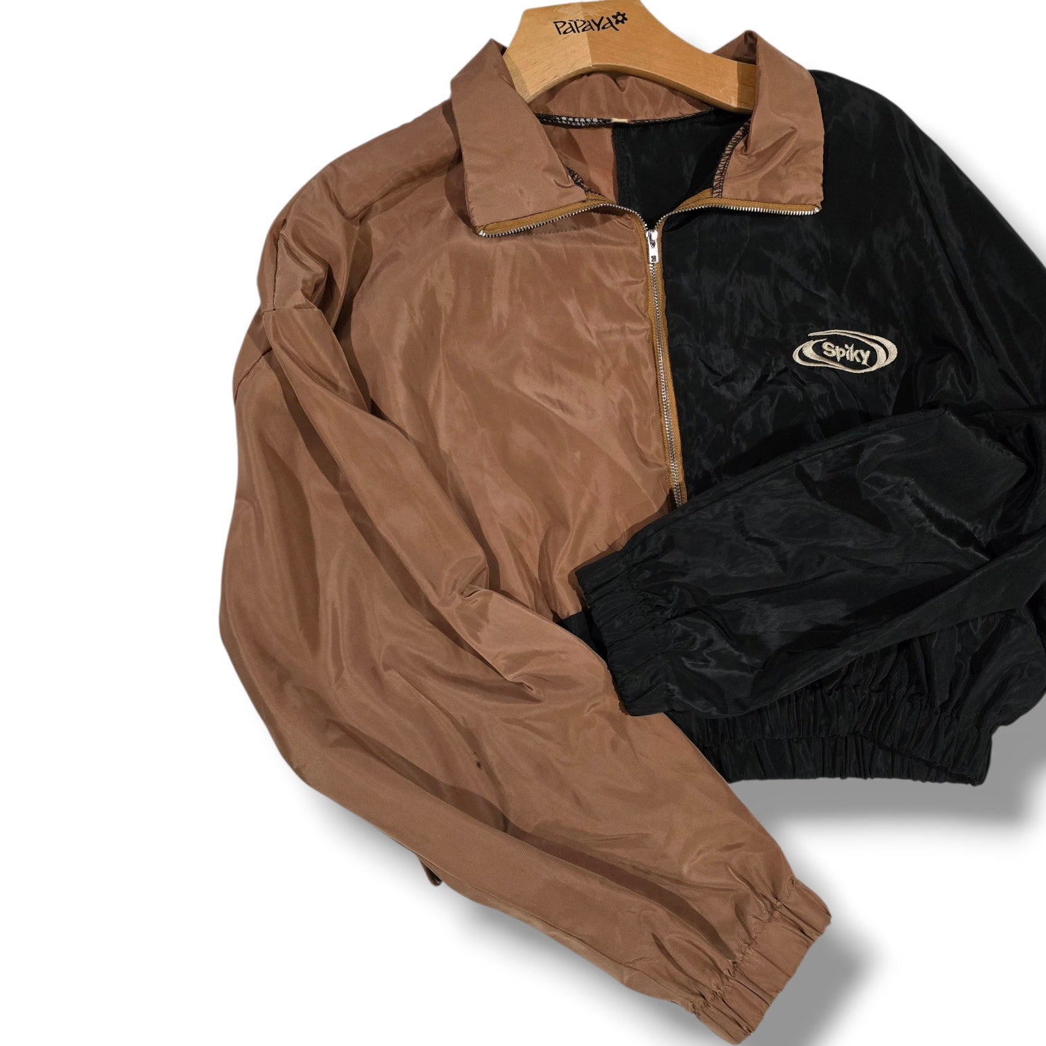 Spiky Two-Tone Black & Brown Cropped Zip Jacket – Size Small